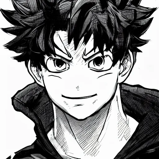 Prompt: Portrait of Izuku Midoriya from My Hero Academia, in the style of Yoji Shinkawa, trending on art station, concept art, highly detailed, dynamic pose