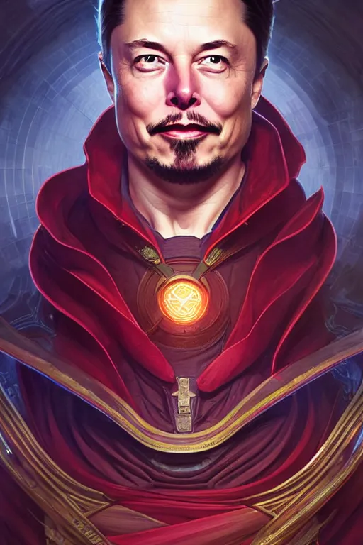 Image similar to elon musk as dr strange, realistic portrait, symmetrical, highly detailed, digital painting, artstation, concept art, smooth, sharp focus, illustration, cinematic lighting, art by artgerm and greg rutkowski and alphonse mucha