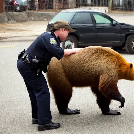 Image similar to capybara police arresting a bear