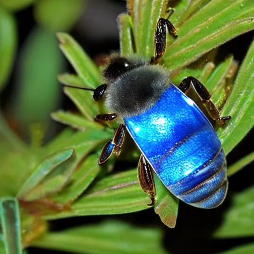 Image similar to a glowing blue metal honey bee, shiny