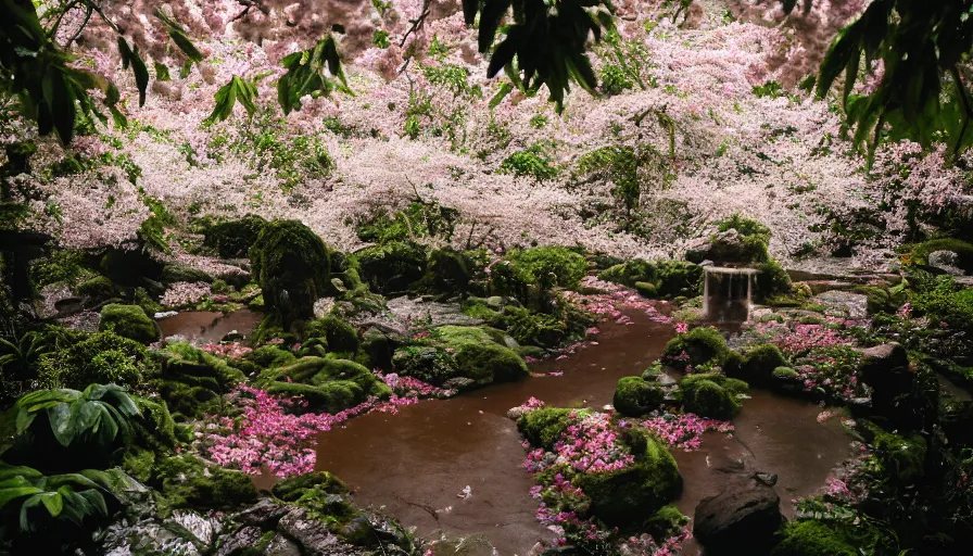 Prompt: a Petra Collins photo, 35mm film still of a very surreal magical European castle with a San Francisco style cafe in a lush waterfall garden, falling cherry blossoms pedals, in the style of Gucci and Wes Anderson glowing lights and floating lanterns, foggy atmosphere, rainy, moody, muted colors, magic details, very detailed, 8k, cinematic look,