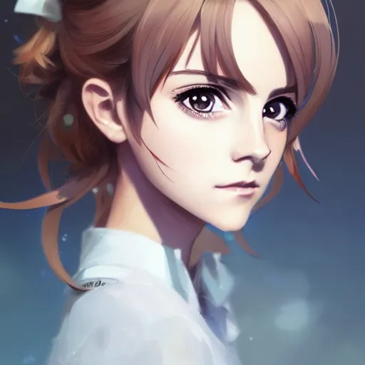 Image similar to anime portrait of emma watson as an anime girl by Stanley Artgerm Lau, WLOP, Rossdraws, James Jean, Andrei Riabovitchev, Marc Simonetti, and Sakimichan, trending on artstation