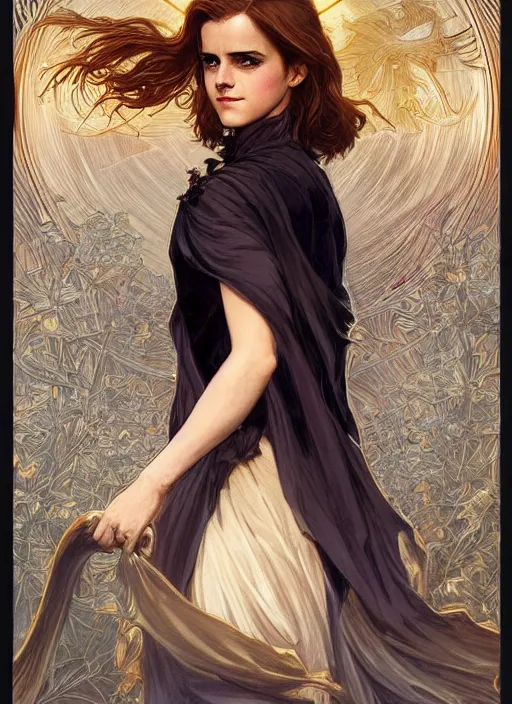 Prompt: Emma Watson as Lucifer morningstar, very detailed, digital art, concept art, illustration, trending on ArtStation, art byvgreg rutkowski and alphonse mucha and J. C. Leyendecker and Edmund Blair Leighton and Ashley wood