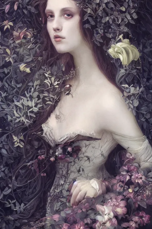 Image similar to An extremely beautiful pre-raphaelite portrait of a very beautiful and cute witch, surreal, ultradetailed, intricate, elegant, digital art painting, concept art, smooth, sharp focus, poster art, art cover illustration, regal, award winning picture, extremely detailed masterpiece, sense of awe, featured on artstation, Artgerm, effervescent punk kawaii-noir pastel bubbles, winning award piece, ethereal rainbows, Aetherpunk, low-key neon lightning, stormy weather, Exquisite details, 8K detail post-processing, matte, oil painting