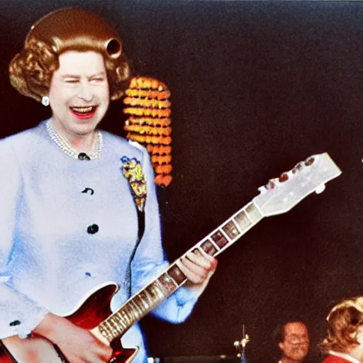 Prompt: Queen Elizabeth II rocking out on guitar, on stage at Coachella, performing a solo for the adoring crowd, photorealism