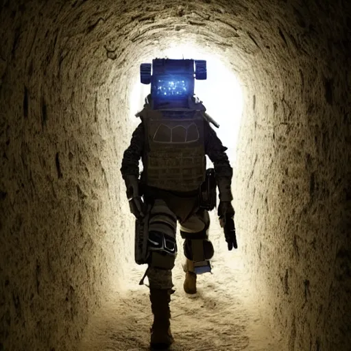 Image similar to photo, an ultra - tactical combat army schnauzer in futuristic battle armor with bandoliers and ammo pouches and boots and goggles, inside a rocky alien tunnel, volumetric lighting, ultradetailed