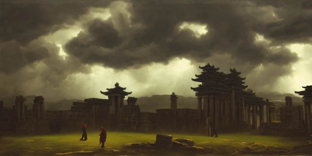 Image similar to 2 1 savage, shadow of the colossus, in front of a temple, at chicago, storm clouds, dramatic lighting, hudson river school