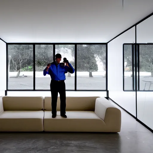 Image similar to a man taking a selfie in a large minimalistic concrete room upholstered sofas fluorescent ceiling lighting and a rectangular water feature in the center, a tilt shift photo by leandro erlich, featured on cg society, kitsch movement, hall of mirrors, high dynamic range, studio portrait