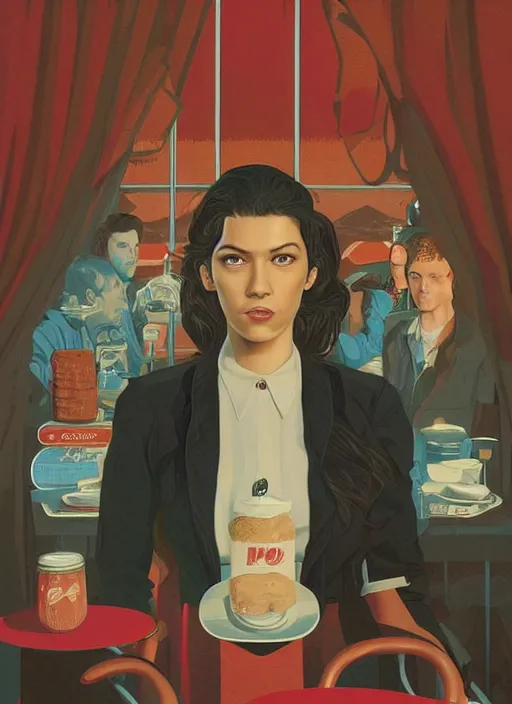 Prompt: Twin Peaks poster artwork by Michael Whelan, Bob Larkin and Tomer Hanuka, Karol Bak of portrait of Zendaya is a high school student working at the diner wearing waitress dress, from scene from Twin Peaks, simple illustration, domestic, nostalgic, from scene from Twin Peaks, clean