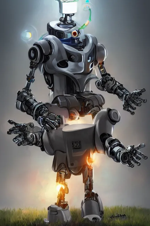 Prompt: futuristic robot fighting bob ross, trending on artstation