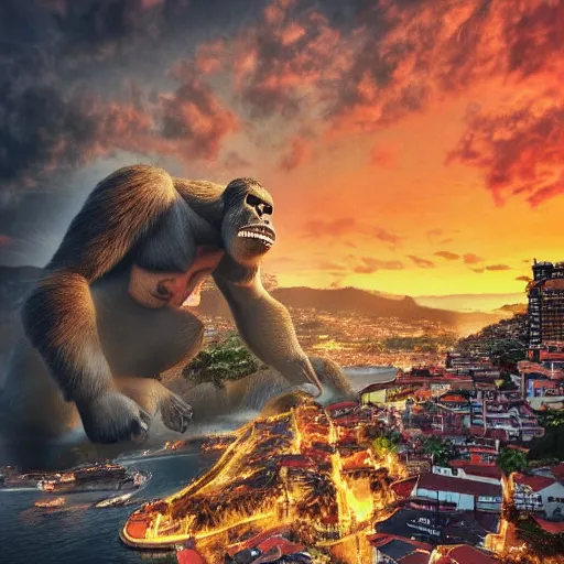 Image similar to king kong destroying funchal's city bay near the streets view from below under the clouds, trampled, by caio fantinim, trending on artstation, award winning, 3 d render