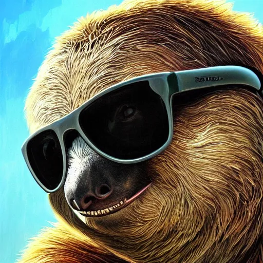 Prompt: Portrait of a Sloth wearing sunglasses, photo, highly detailed oil painting, photorealistic, highly detailed, digital painting, artstation, concept art, smooth, sharp focus, illustration, art by artgerm and greg rutkowski and alphonse mucha