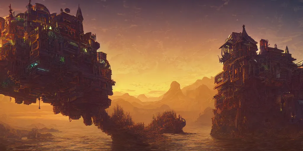 Image similar to cyberpunk fantasy valley floating castle stylized digital illustration sunset hue cinematic atmosphere retro kingdom civilization architecture iridescence steampunk global illumination ray tracing