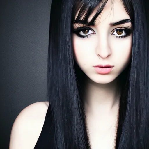 Image similar to Pale-skinned Persian girl, black hime cut hair, bob cut hair, purple eyes, mysterious girl, photograph