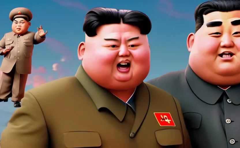 Prompt: very cute angry kim jong un holding his pet north korean soldier, disney pixar character concept artwork, 3 d concept, fortnite character, high detail iconic character for upcoming film, 8 k octane render