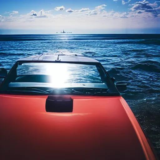 Prompt: a car floating in the ocean, sun light, reflections, amazing, award - winning