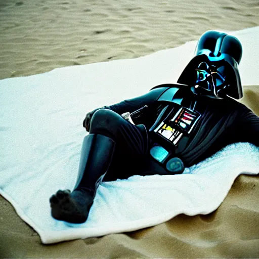 Prompt: photo of darth vader laying on towel at beach, cinestill, 8 0 0 t, 3 5 mm, full - hd