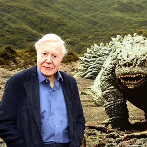 Prompt: Sir David Attenborough sees Godzilla