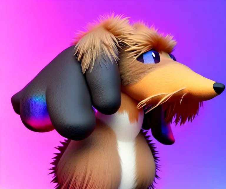 Prompt: high quality 3 d render hyperrealist very cute fluffy dachshund - pokemon, plush mascot, long spiky fluffy smooth hair, photo from the side, multi colors, vivid colors, vray, smooth background, artstation, ultra detailed