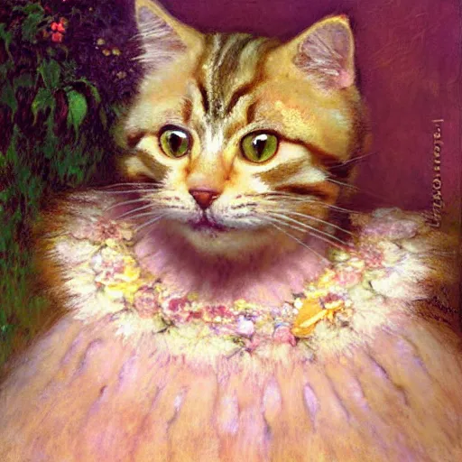 Image similar to portrait of a furry fluffy female tabby cat in a cute floral dress. 1 9 th century furaffiniy fantasy highly detailed painting by gaston bussiere craig mullins jc leyendecker gustav klimt artgerm greg rutkowski john berkey, bergey, craig mullins, ruan jia, raymond swanland, jeremy mann, tom lovell, alex malveda