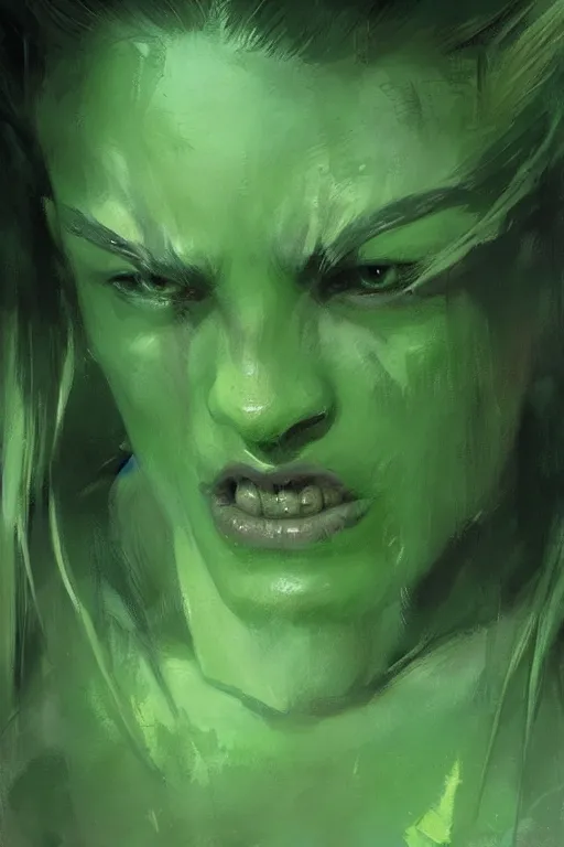 Image similar to green orc female, light green tone beautiful face, by greg rutkowski, by jeremy mann, digital painting