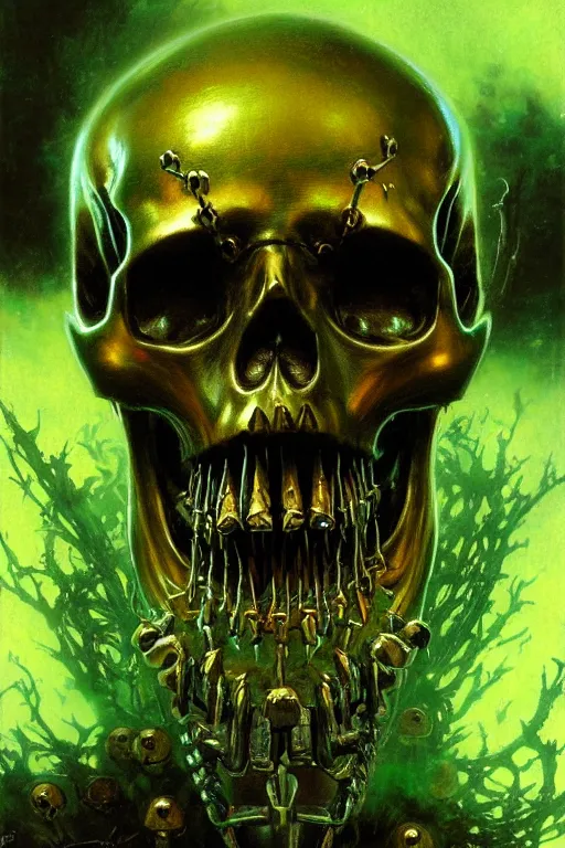 Prompt: extreme close up metal skull with bullets for teeth glowing green portal behind it portrait dnd, painting by gaston bussiere, craig mullins, greg rutkowski, yoji shinkawa