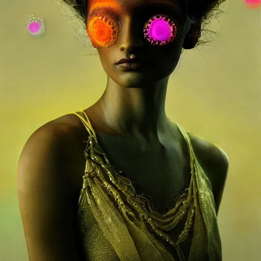 Prompt: a close - up shot of a brown woman wearing a luminous armor made of neon jelly fishes. layered. textured. extremely soft lighting. fragile. haunting eyes!! coherent face!! no makeup!! muted colors. by ray caesar. by louise dahl - wolfe. by andrea kowch. surreal photography