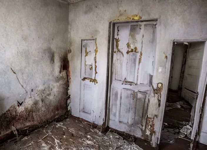 Prompt: A terrifying room, haunted, a disturbing room, paint peeling of the walls