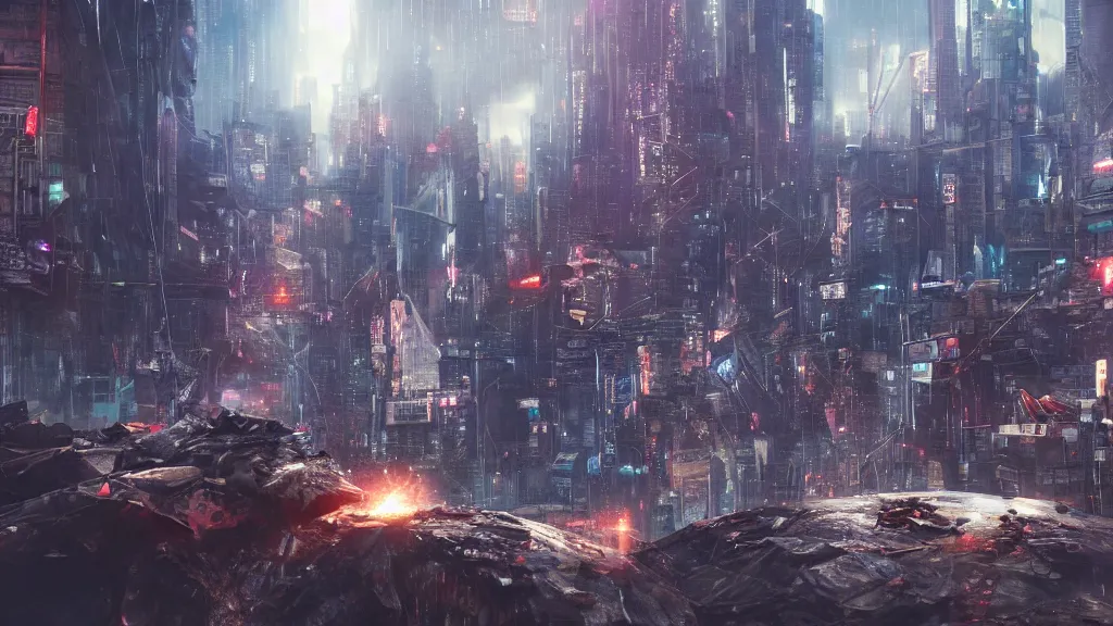 Prompt: a gem meteorite destroying a dystopian city, cyberpunk, sharp focus, dynamic lights, still, photograph, hyper realistic, masterpiece, octane render, rendered, 3 d, cinematic, cinematic lighting, dramatic lighting, highly detailed, intricate details, texture, cinematic composition, wide shot, by donglu yu and kevin jick and eddie del rio