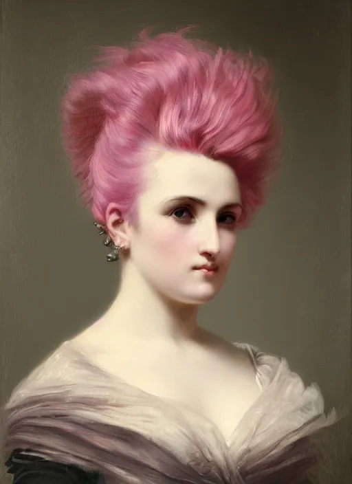 Image similar to a detailed portrait of woman with a mohawk by edouard bisson, year 1 8 5 0, pink hair, punk rock, looking at the camera, oil painting, muted colours, soft lighting