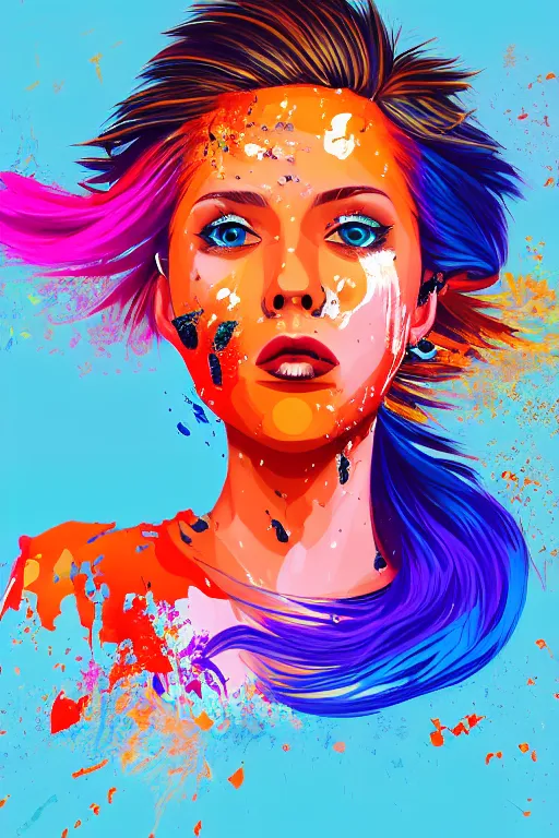 Image similar to a award winning half body portrait of a beautiful woman in a croptop and cargo pants with ombre orange blue teal hairstyle with head in motion and hair flying, paint splashes, splatter, outrun, vaporware, shaded flat illustration, digital art, trending on artstation, highly detailed, fine detail, intricate