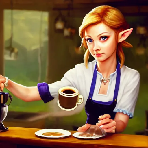 Prompt: Zelda as a cafe waitress pouring coffee into a customer's cup, amazing, beautiful, perfect eyes, full body shot, portrait, vivid colors, elegant, concept art, sharp focus, digital art, Hyper-realistic, 4K, Unreal Engine, Highly Detailed, HD, Dramatic Lighting by Brom, trending on Artstation