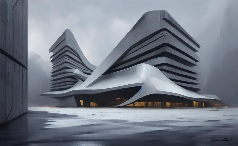 Image similar to painting of exterior shot of a white concerete brutalist architecture designed by zaha hadid and peter zumthor by darek zabrocki, greg ruthkowski, cinematic and cold atmospheric, archillect concept art, artstation, trending on artstation