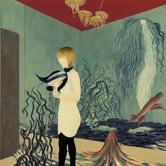 Image similar to tall emo female artist holding a large fish in her flooded apartment, seaweed, pomegranates, octopus, water gushing from ceiling, painting of flood inside an artist's apartment, a river flooding indoors, ikebana, zen, rapids, waterfall, black swans, canoe, berries, acrylic on canvas, surrealist, by magritte and monet