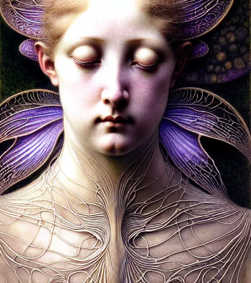 Prompt: beautiful young orchid fairy detailed realistic porcelain face portrait by jean delville, gustave dore, iris van herpen and marco mazzoni, art forms of nature by ernst haeckel, art nouveau, symbolist, visionary, gothic, neo - gothic, pre - raphaelite, fractal lace, intricate alien botanical biodiversity, surreality, hyperdetailed ultrasharp octane render