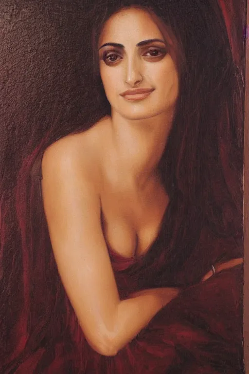 Image similar to oil painting, portrait of penelope cruz, artwork by leonardo da vinci