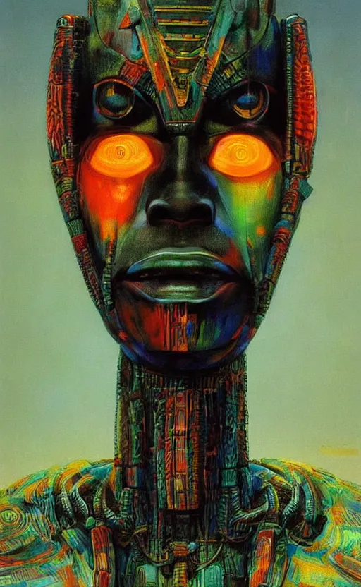 Image similar to portrait of mecha african tribal chief, symmetrical, dramatic lighting, colourful, god, art by zdzislaw beksinski,