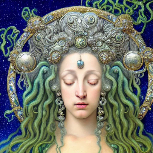 Prompt: baroque neoclassicist renaissance portrait of beautiful moon goddess with stars in her flowing hair, reflective detailed textures, glittering silver ornaments, fantasy science fiction painting by diego rivera and jean delville and ruan jia and nicholas roerich and annie swynnerton and sam spratt, dramatic lighting, ornate geometric patterns, blue and green color palette, artstation, octane render