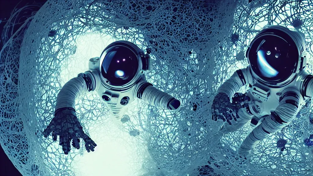 Image similar to a cybernetic symbiosis of a single astronaut eva suit swimming in infected with diamond 3d fractal lace iridescent bubble 3d skin covered with insectoid compound eye camera lenses floats through the living room, film still from the movie directed by Denis Villeneuve with art direction by Salvador Dalí, wide lens,