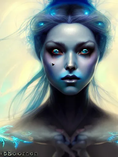 Image similar to dark sorceress with blue skin by james jean, charlie bowater, tom bagshaw, nikolay makovsky, melanie delon : : enchanting, ethereal, magical, glowing, sparkle, prismatic, portrait, character design, illustration, hyperrealism, photorealism, digital art, concept art, dark fantasy, whimsy, weta, wlop, artstation