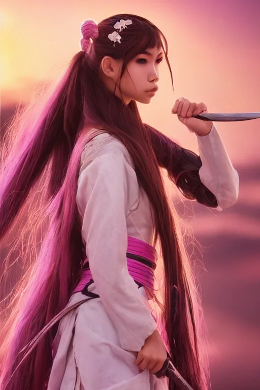 Image similar to highly detailed beautiful photo of madison beer as a young female samurai, practising sword stances, symmetrical face, beautiful eyes, pink hair, realistic anime art style, 8 k, award winning photo, pastels colours, action photography, 1 / 1 2 5 shutter speed, sunrise lighting