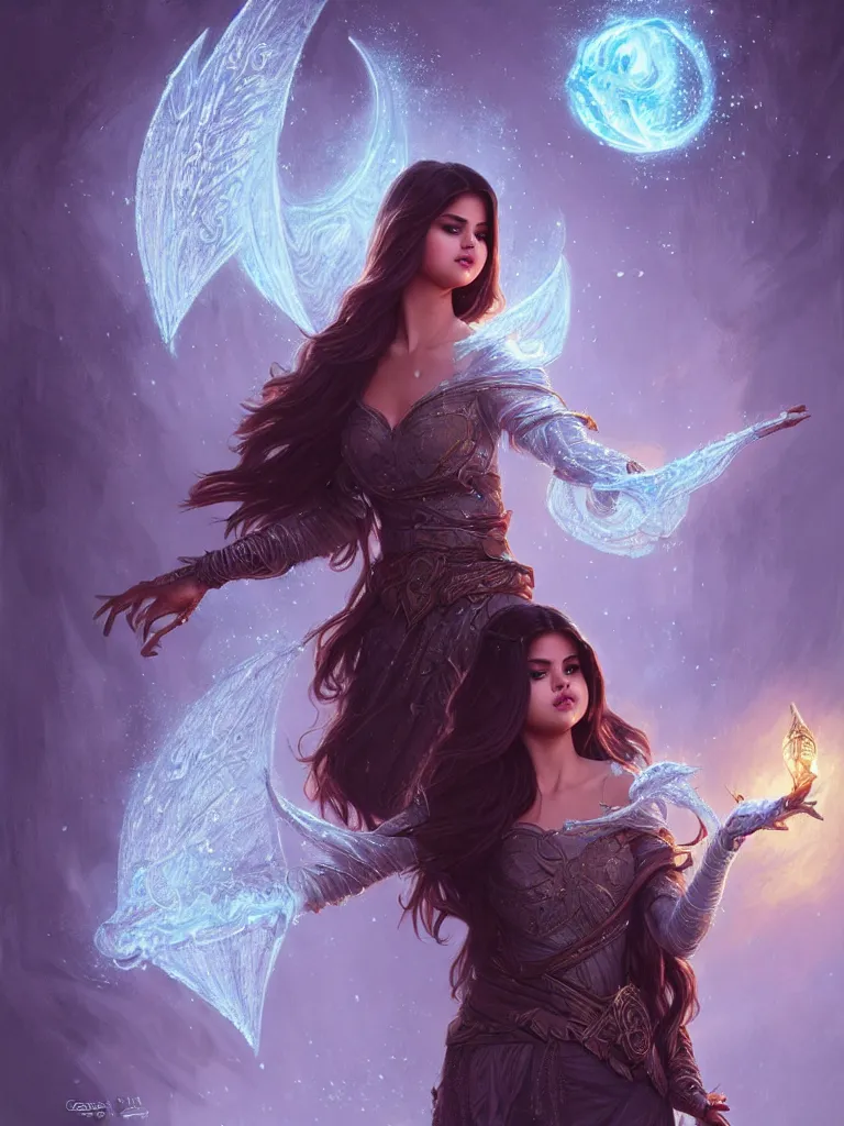 Image similar to Selena Gomez casting an frost spell, D&D, fantasy, intricate, elegant, highly detailed, digital painting, artstation, concept art, matte, sharp focus, illustration, hearthstone, art by Artgerm and Greg Rutkowski and Alphonse Mucha