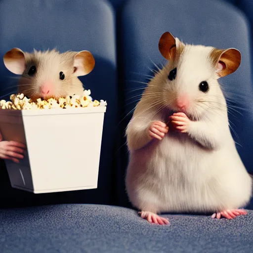 Prompt: photo of two hamsters, holding hands, bucket of popcorn next to them on a cinema seat, various poses, unedited, dim light, sharp focus, 8 k