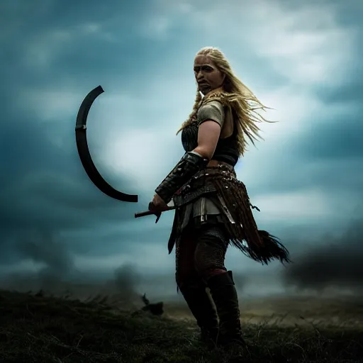 Image similar to a photograph of viking shield maiden in the battlefield, action movie, movie still, cinematic, filmic, dramatic, volumetric light