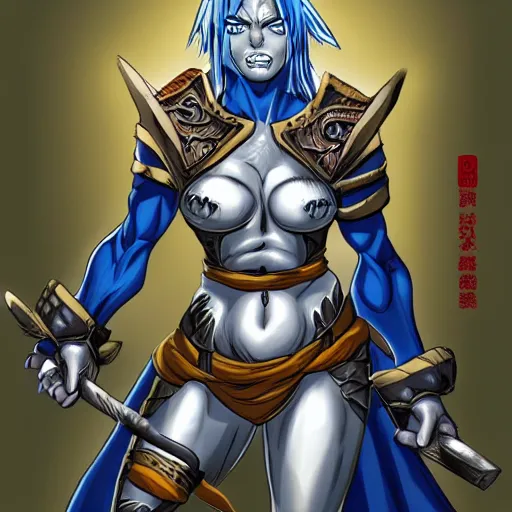 Image similar to portrait of a female orc warrior in Yusuke Murata style, D&D, dungeons and dragons, anime