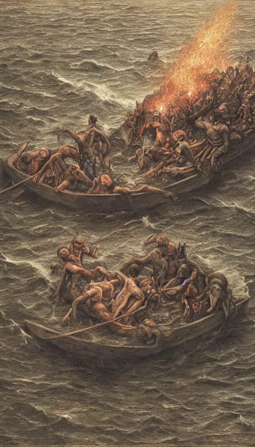 Prompt: man on boat crossing a body of water in hell with creatures in the water, sea of souls, by dan witz