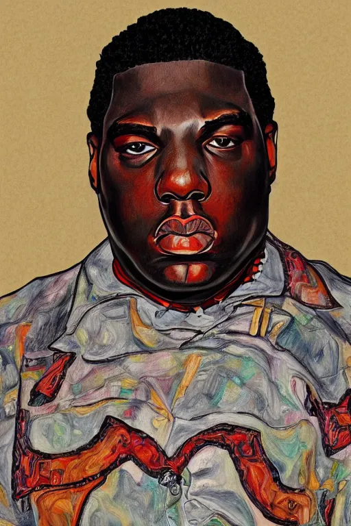 Image similar to a portrait of biggie small in style of egon schiele, masterpiece, hyperdetailed, complex, intricate, 4 k, trending on artstation