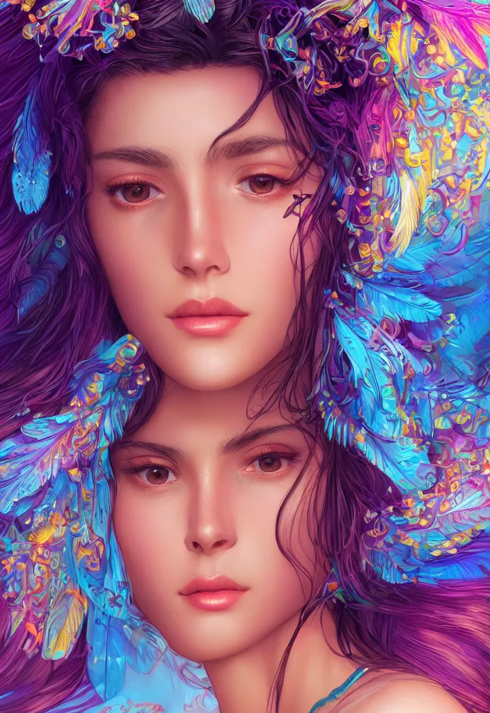 Image similar to beautiful, young woman, detailed gorgeous face, vaporwave aesthetic, synthwave, colorful, psychedelic, crown, water drops and feathers, artstation, concept art, smooth, extremely sharp detail, finely tuned detail, ultra high definition, 8 k, unreal engine 5, ultra sharp focus, illustration, art by artgerm and greg rutkowski and alphonse mucha