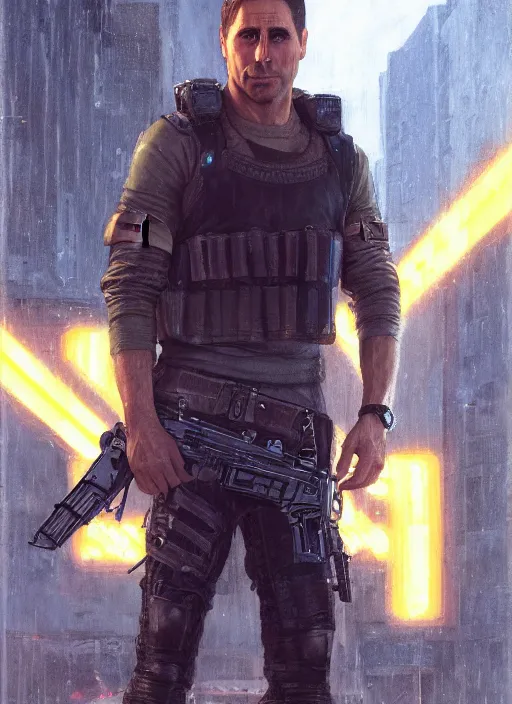 Image similar to sterling archer. cyberpunk mercenary in a military vest ( blade runner 2 0 4 9, cyberpunk 2 0 7 7 ). orientalist portrait by john william waterhouse and james gurney and theodore ralli and nasreddine dinet, oil on canvas. cinematic, hyper realism, realistic proportions, dramatic lighting, high detail 4 k