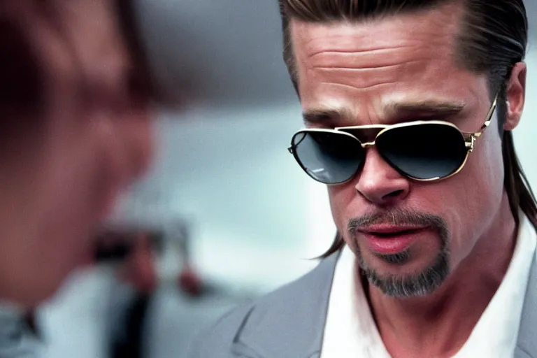 Prompt: Brad Pitt as Jim Jones in 'Jones Cult' (2008), movie still frame, promotional image, imax 70 mm footage, oscar nominated cinematography, volumetric lighting, 8k resolution